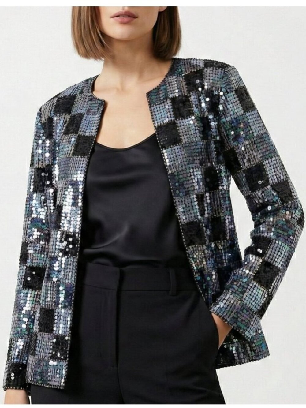 Vintage Iridescent Sequin Patchwork Blazer Collarless Party Jacket S
